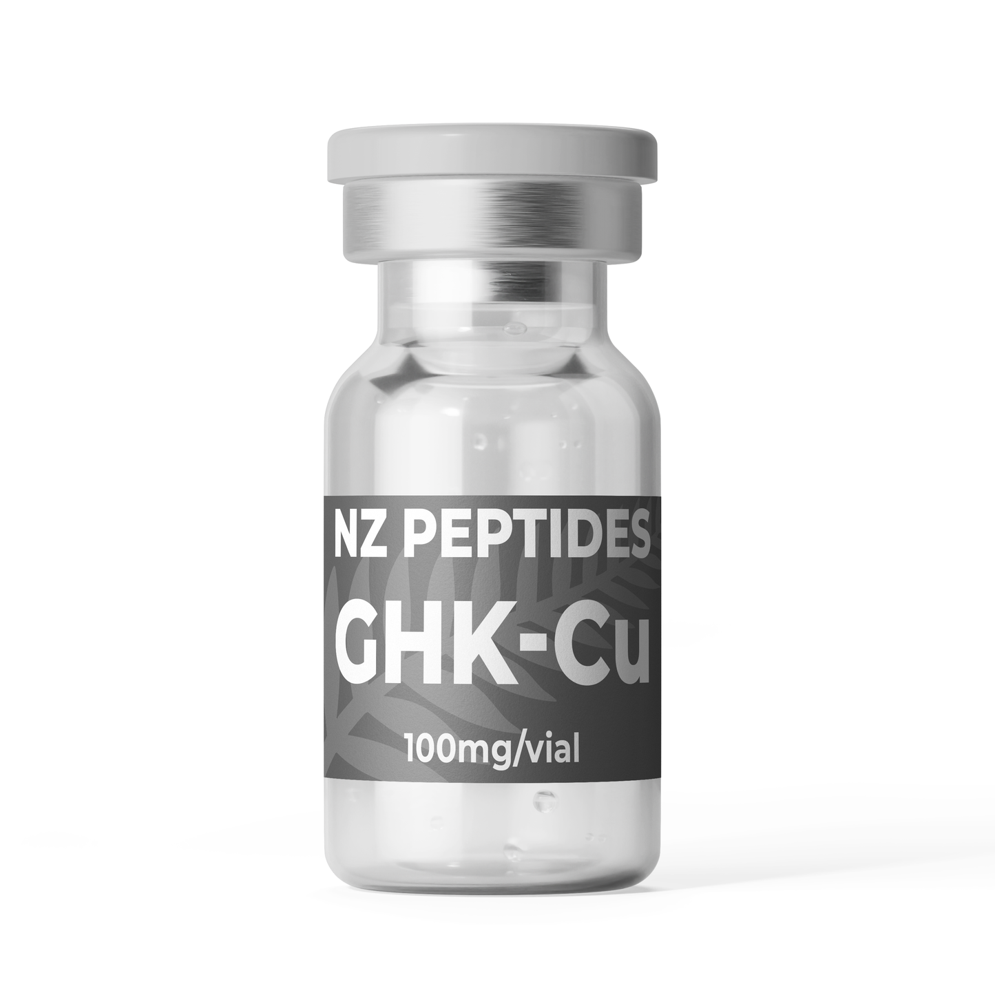 Glass vial labeled 'NZ Peptides GHK-Cu 100mg vial' on a white background