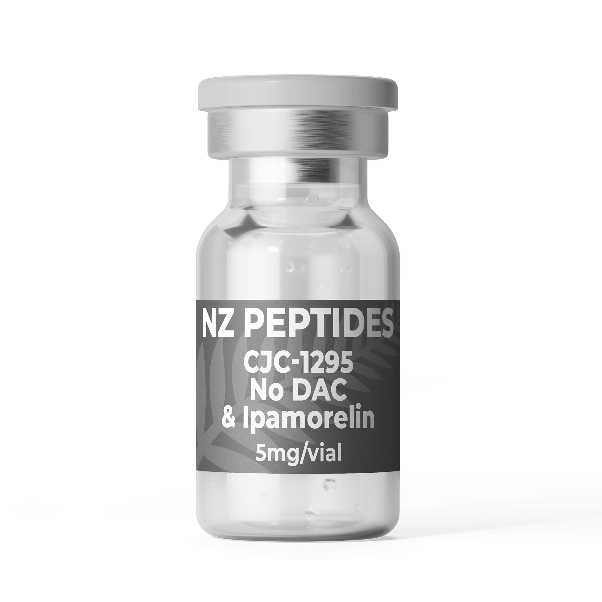 Glass vial labeled 'NZ Peptides CJC-1295 No DAC & Ipamorelin 5mg vial on a grey background